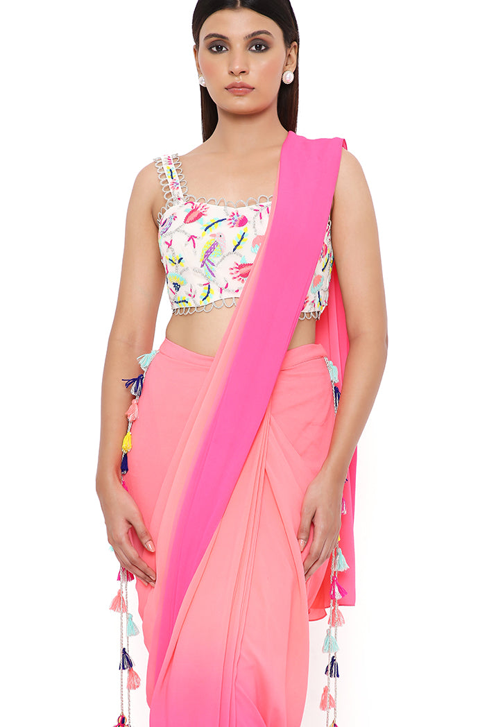 Stone Georgette Embroidered Bustier With Coral And Pink Shaded  Georgette Pre-Stiched Saree