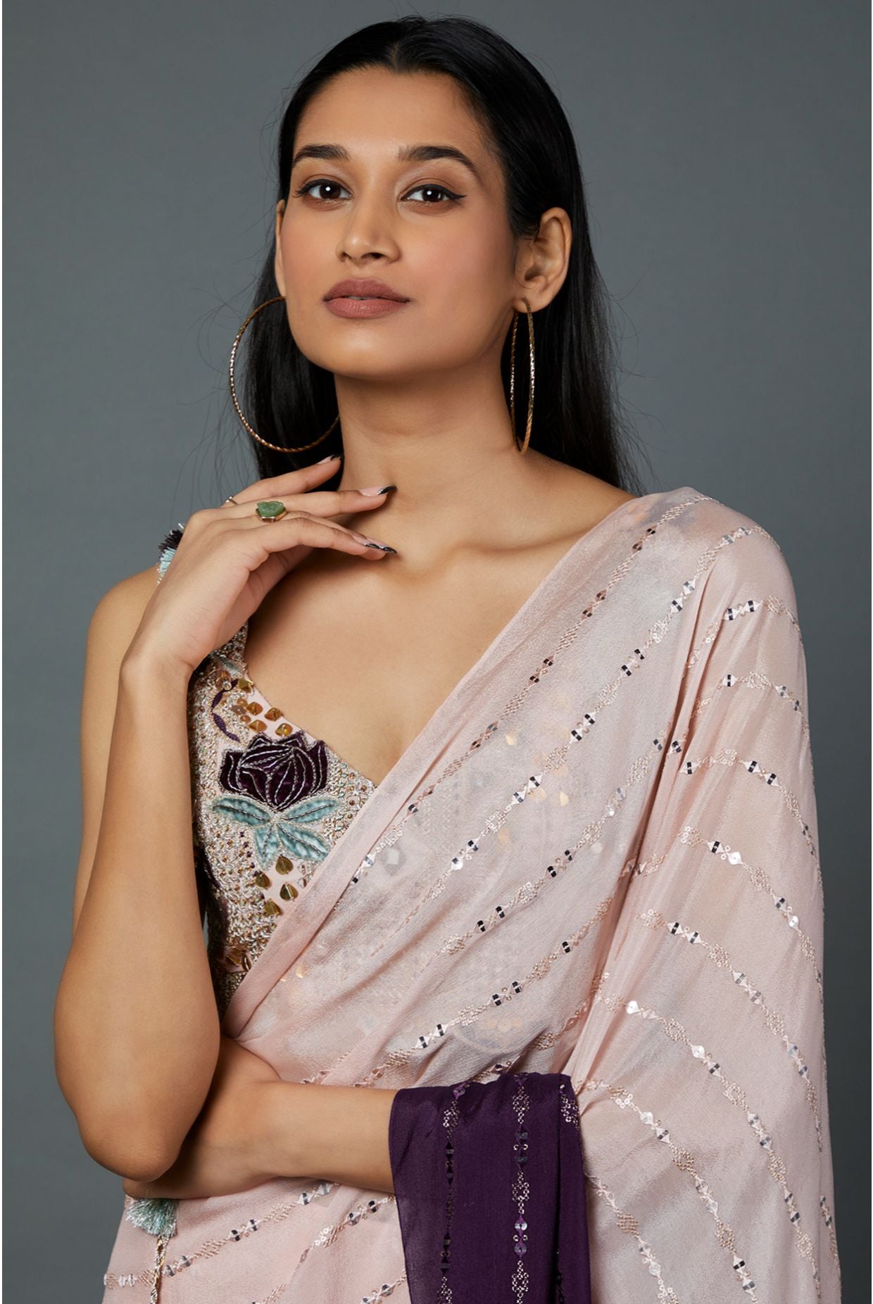 Blush Pink Georgette Embroidered Choli With Blush Pink And Purple Shaded Sequins  Georgette Pre-stiched Saree