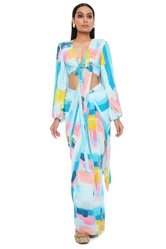 Naisha Painterly Print Georgette Embroidered Front Tie-Up Choli And Pre-stitched Saree With Embroidered Pallu