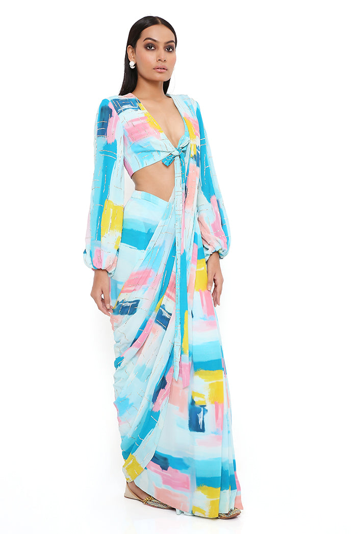 Naisha Painterly Print Georgette Embroidered Front Tie-Up Choli And Pre-stitched Saree With Embroidered Pallu