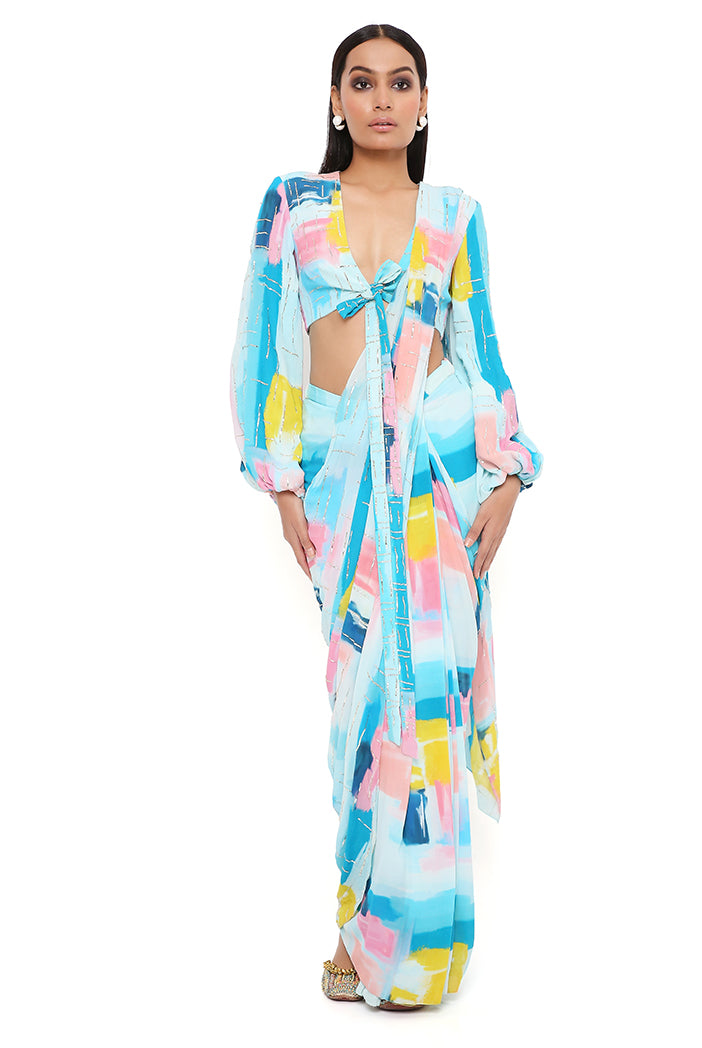 Naisha Painterly Print Georgette Embroidered Front Tie-Up Choli And Pre-stitched Saree With Embroidered Pallu
