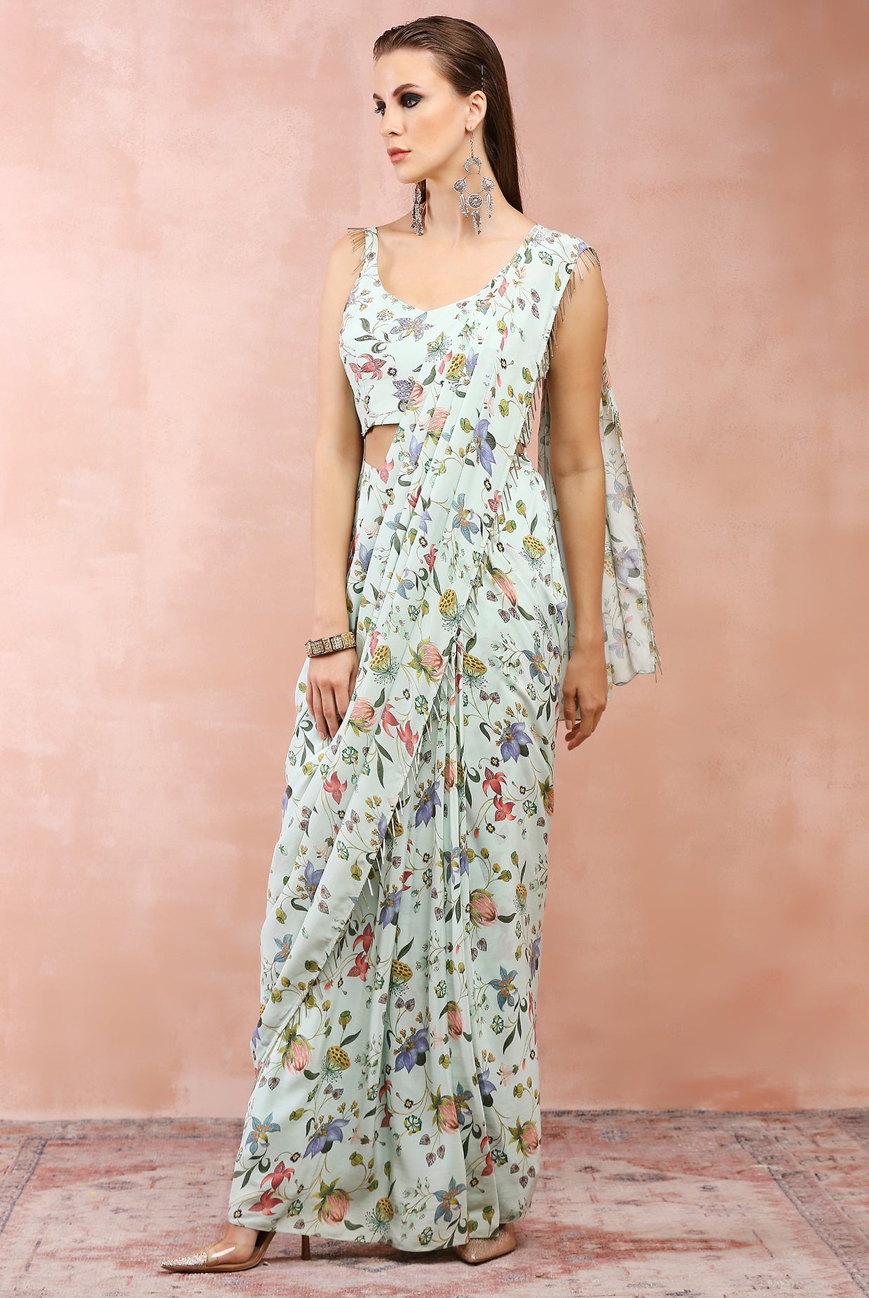 Mint Nargis Print Embroidered Choli With Pre-Stitched Saree
