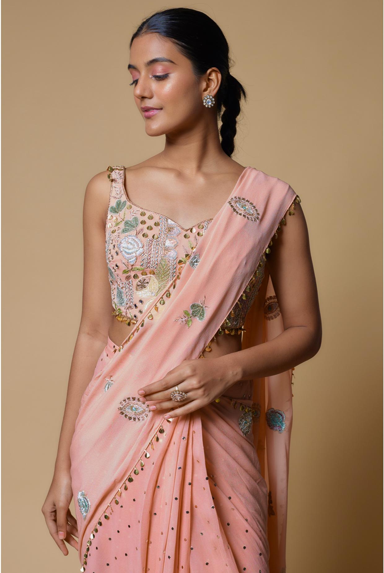 Rose Pink Embroidered Choli With Frill Pre-Stitched Saree