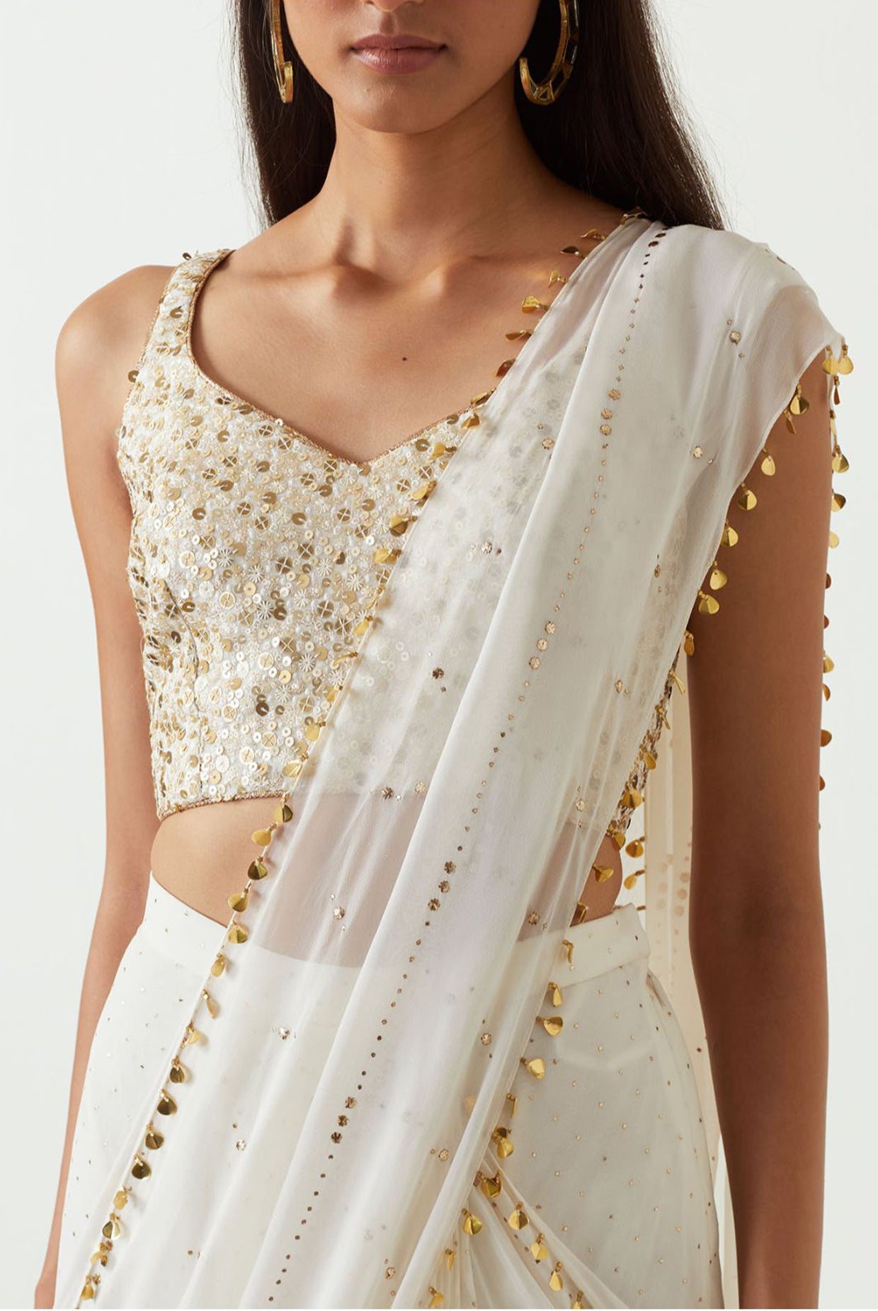 White Sequins Georgette Choli And Pre-Stitched Saree