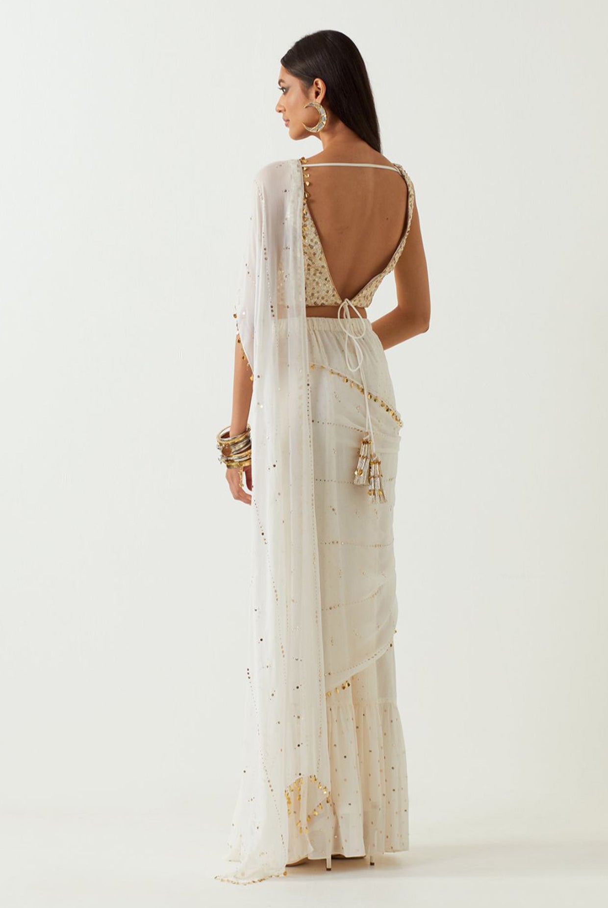 White Sequins Georgette Choli And Pre-Stitched Saree