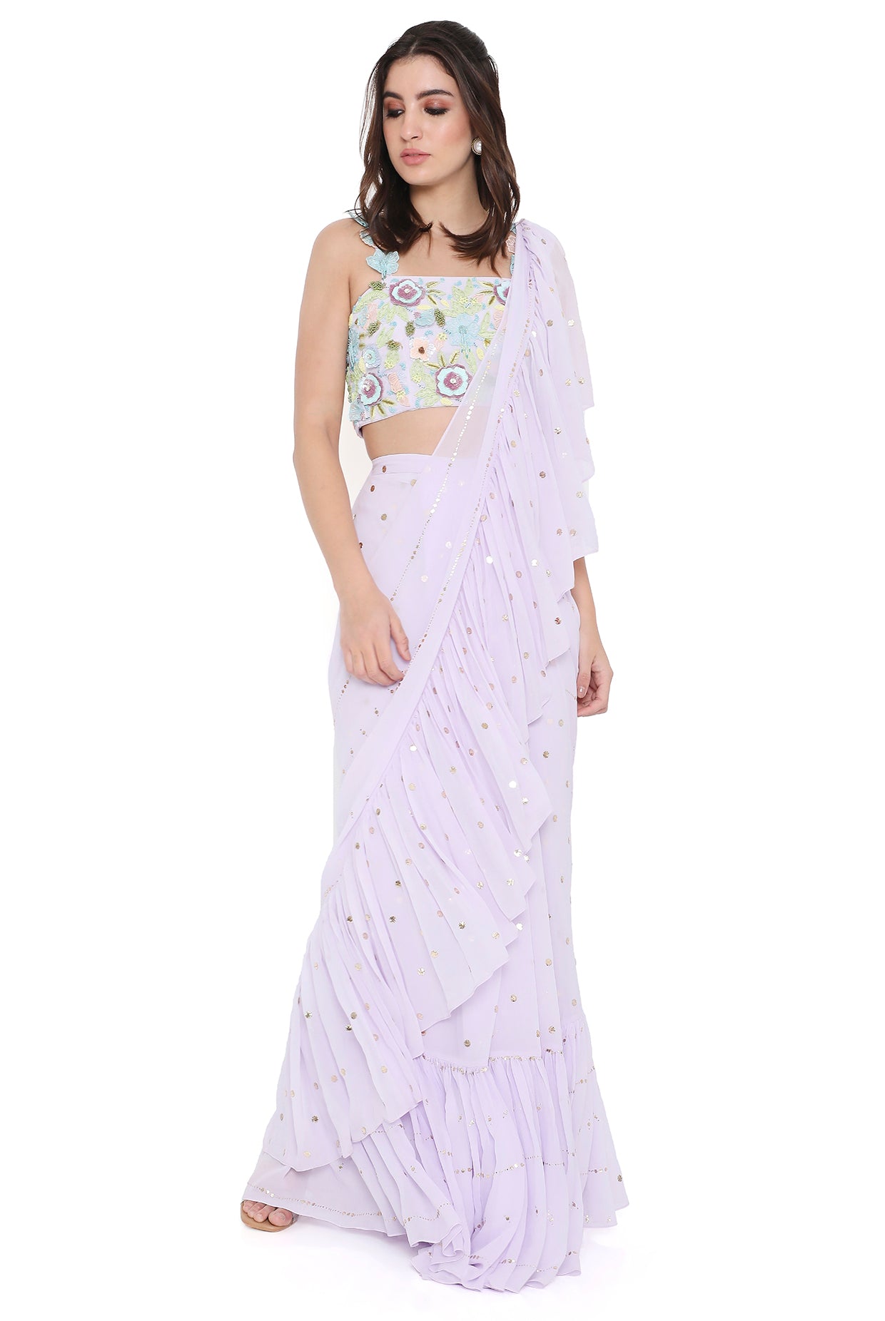 Paola Lavender Embroidered Choli With Pre-Stitched Ruffle Saree