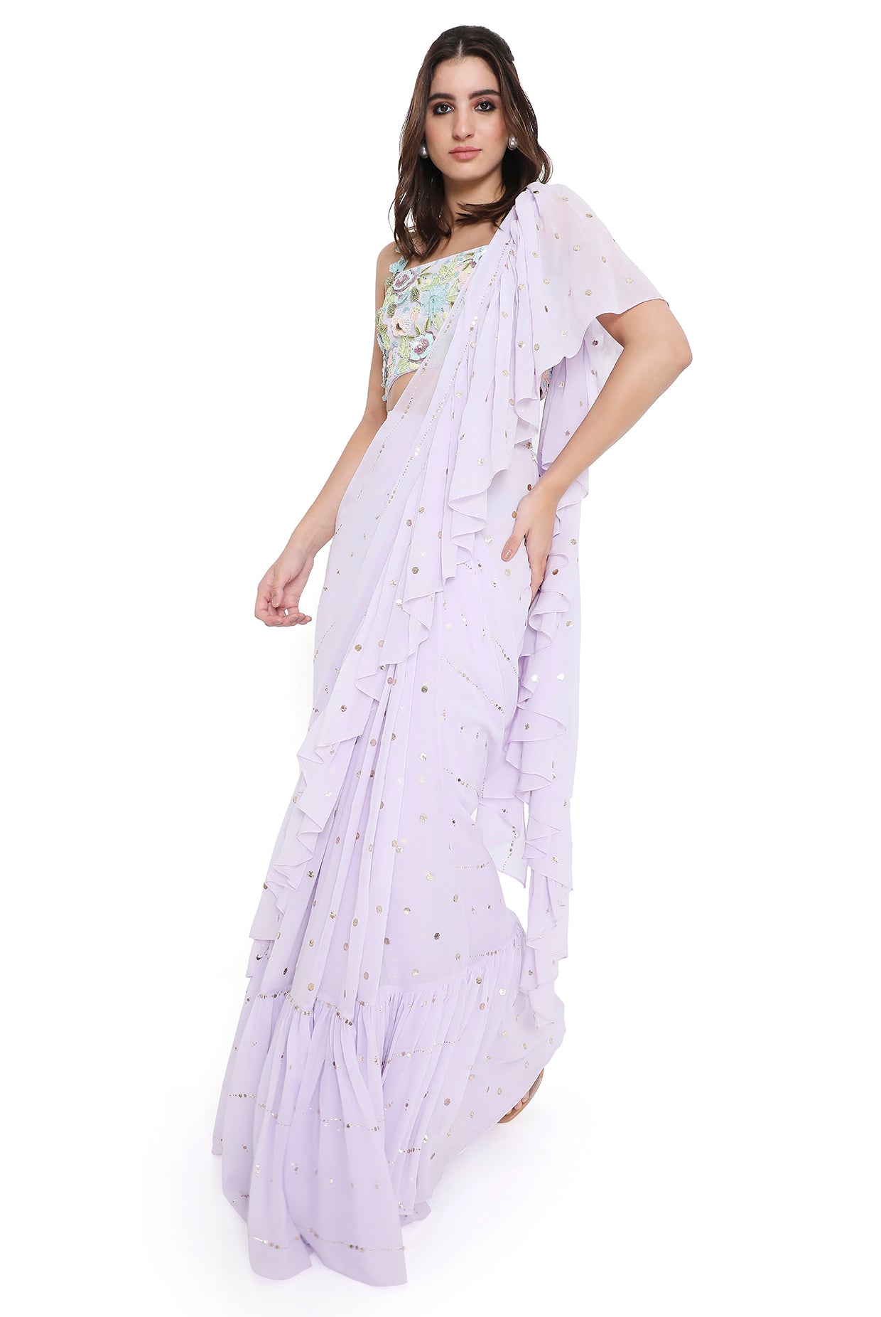 Paola Lavender Embroidered Choli With Pre-Stitched Ruffle Saree
