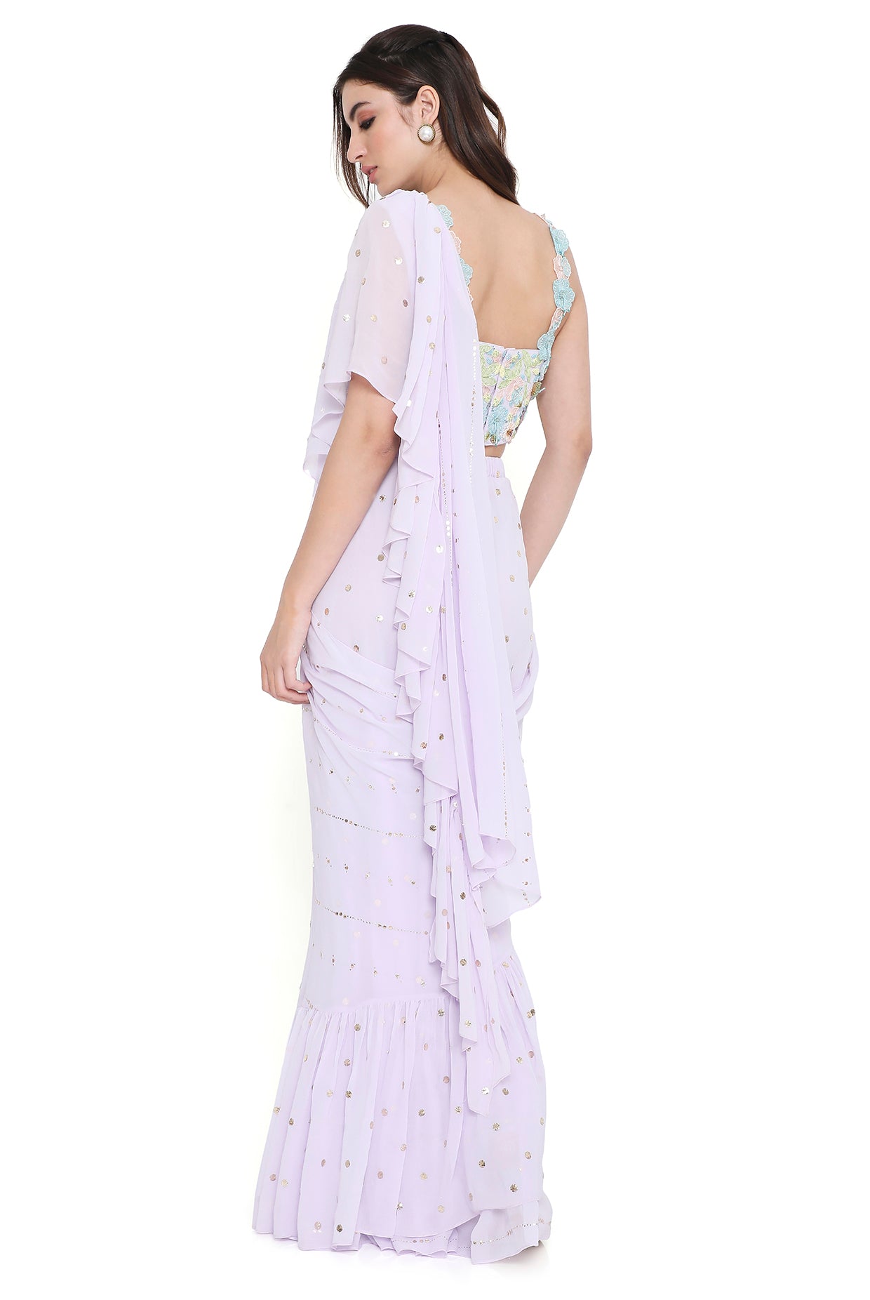 Paola Lavender Embroidered Choli With Pre-Stitched Ruffle Saree