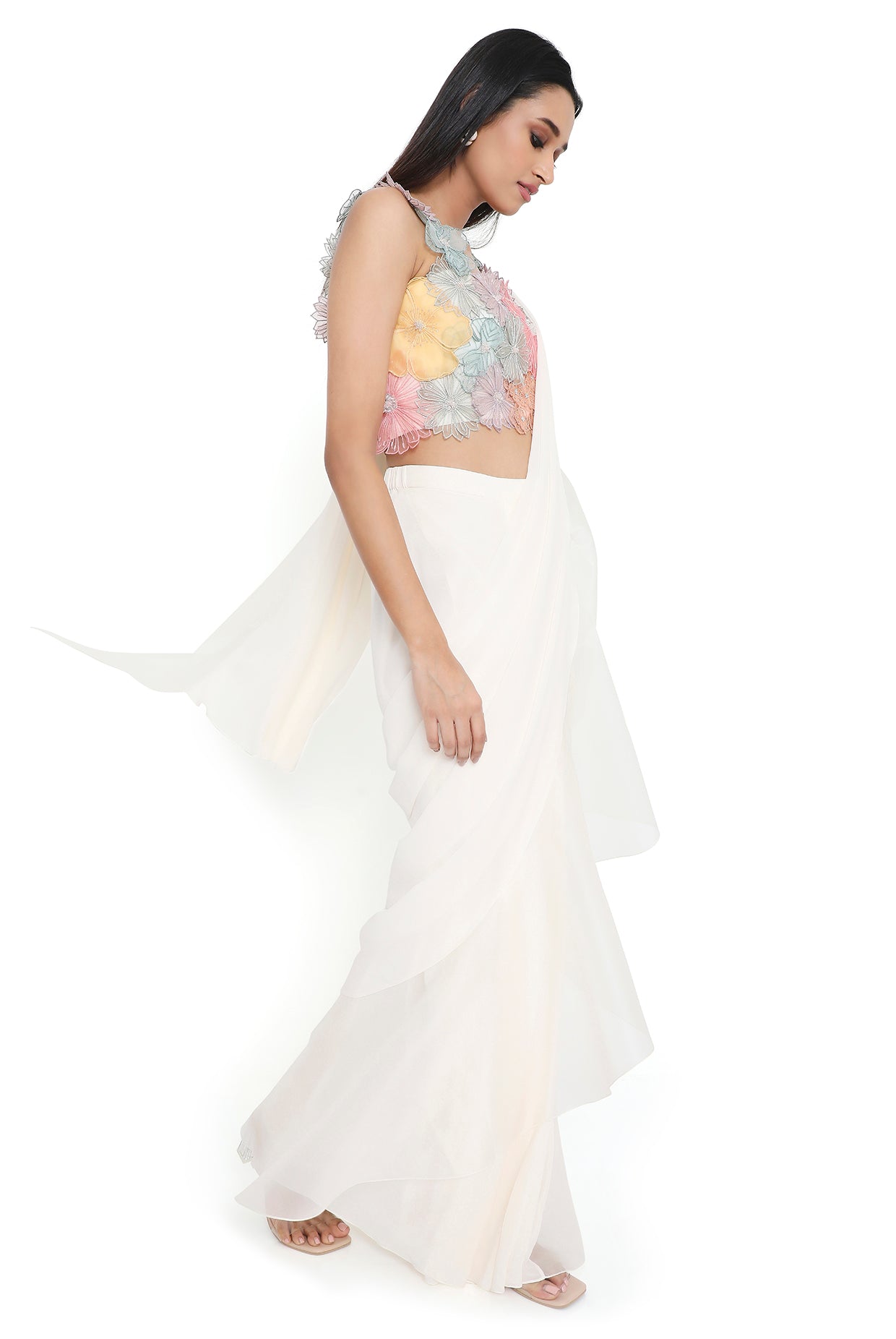 Ilsa Off White 3D Flower Embroidered Choli And Pre-Stitched Saree With Frill