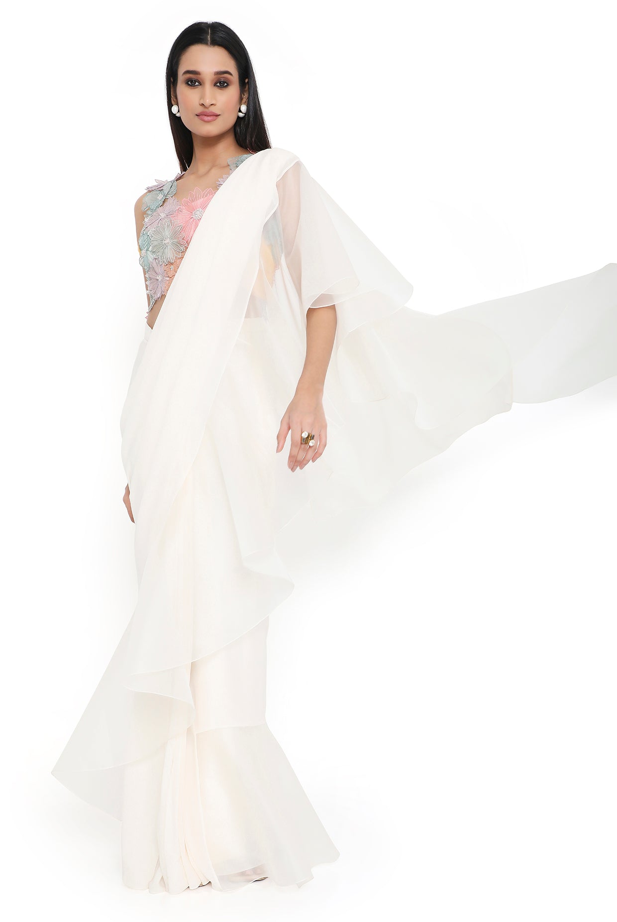 Ilsa Off White 3D Flower Embroidered Choli And Pre-Stitched Saree With Frill