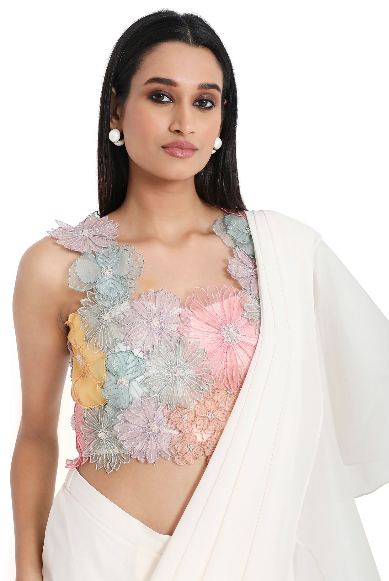 Ilsa Off White 3D Flower Embroidered Choli And Pre-Stitched Saree With Frill