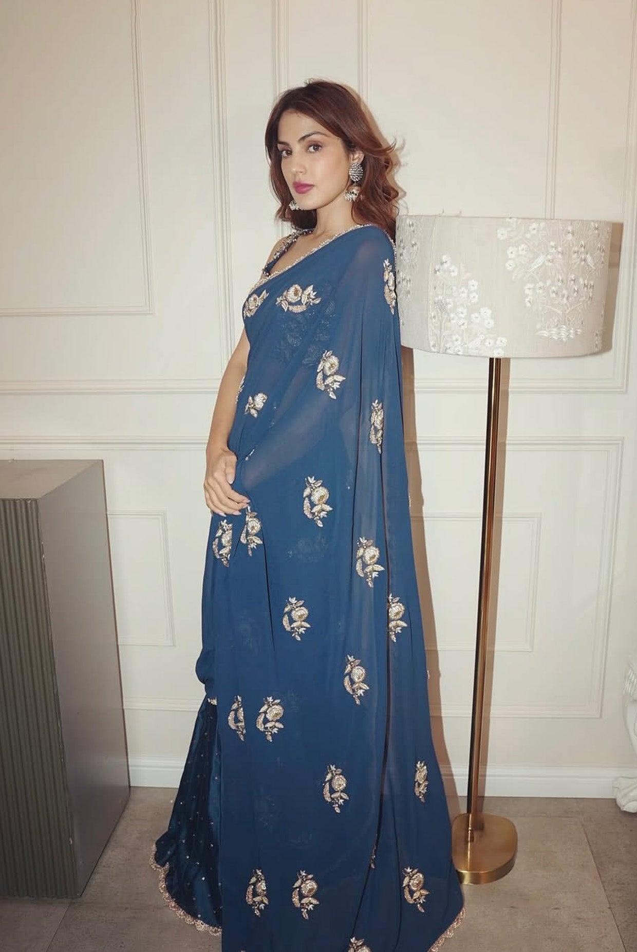 Najja Teal Blue Georgette Embroidered Choli With Saree