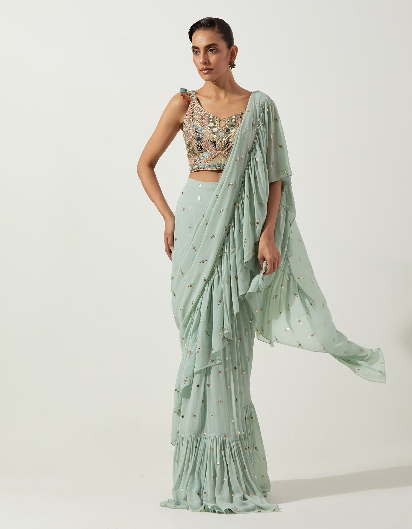 Seafoam Embroidered Choli And Pre-Stitched Frill Saree