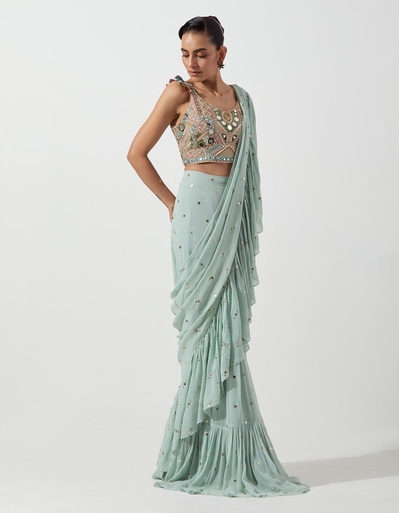Seafoam Embroidered Choli And Pre-Stitched Frill Saree