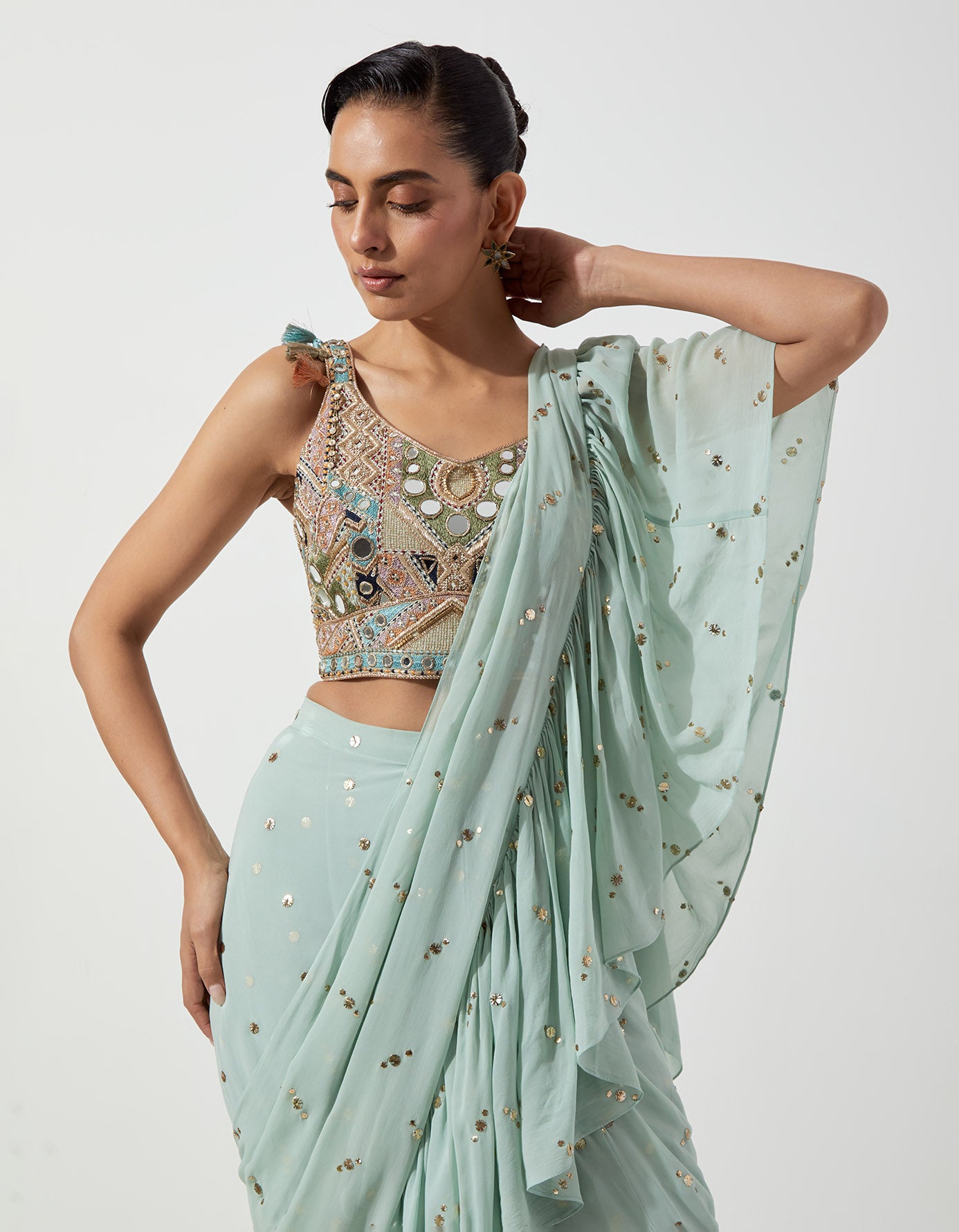 Seafoam Embroidered Choli And Pre-Stitched Frill Saree