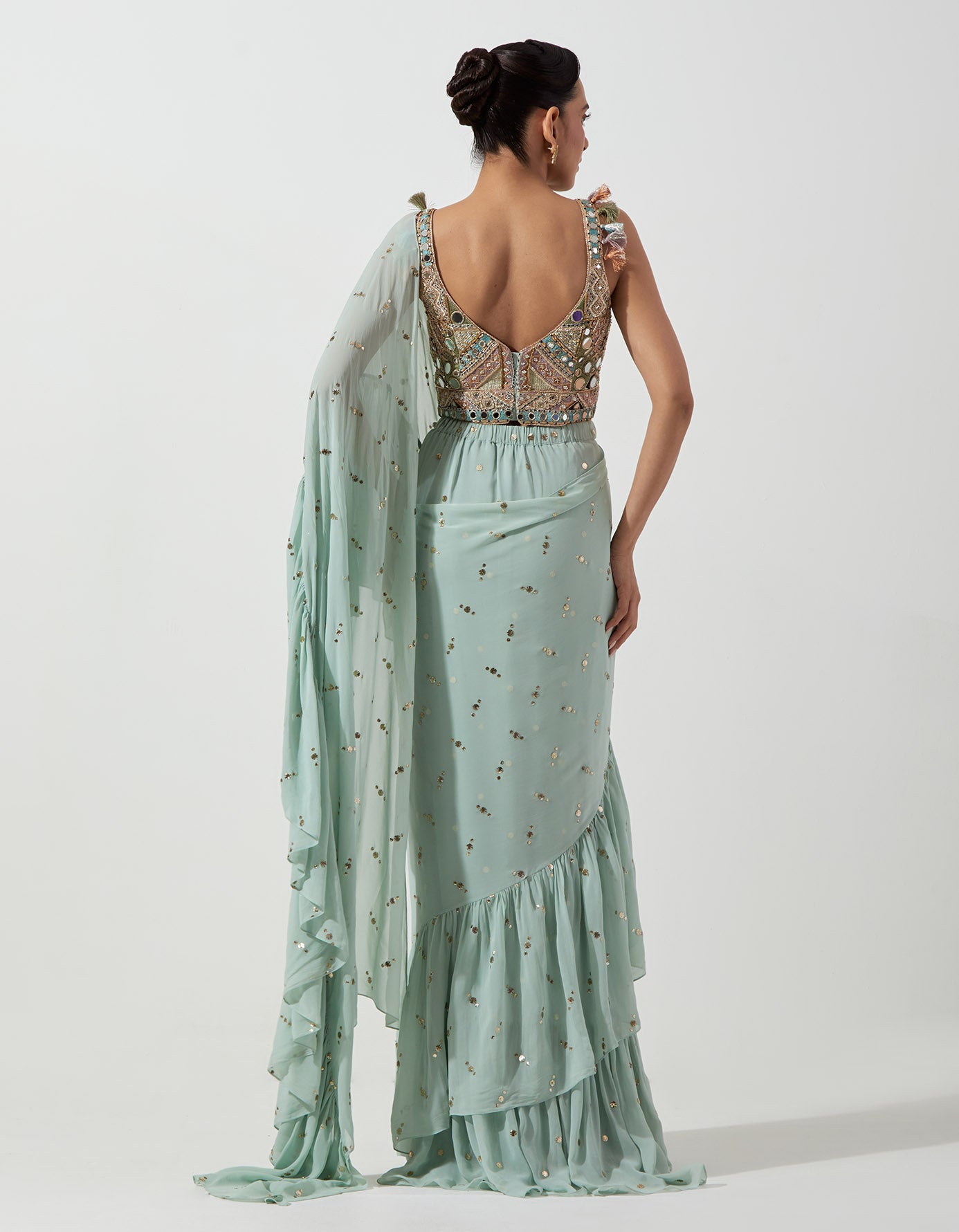 Seafoam Embroidered Choli And Pre-Stitched Frill Saree