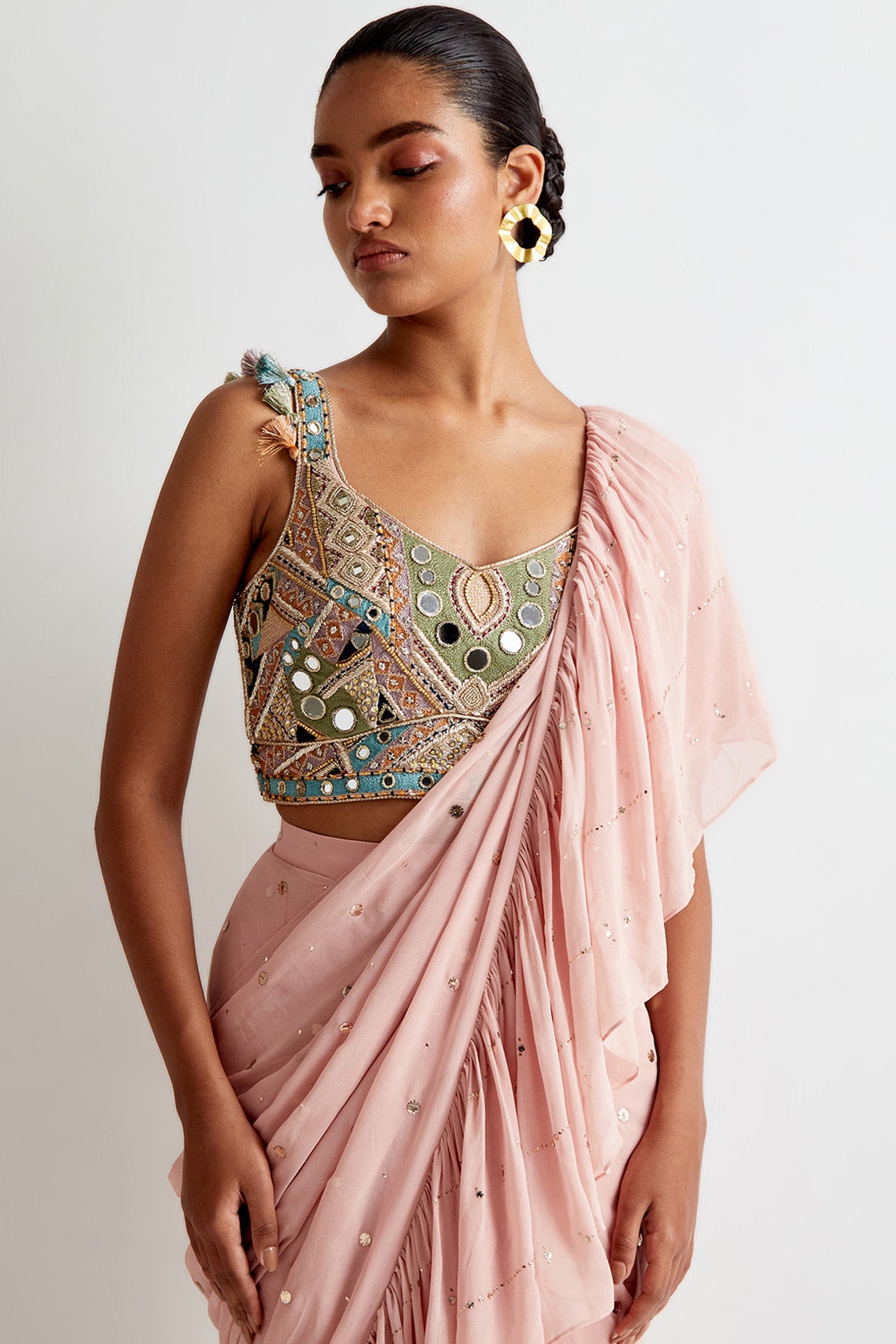 Rose Pink Georgette Embroidered Choli And Mukaish Georgette Pre- Stitched Frill Saree