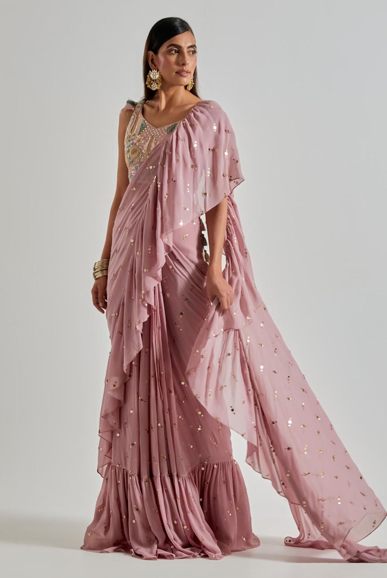 Onion Pink Choli with Mukaish Frill Saree