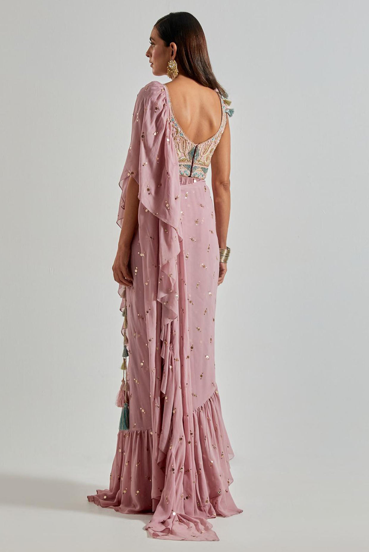 Onion Pink Choli with Mukaish Frill Saree