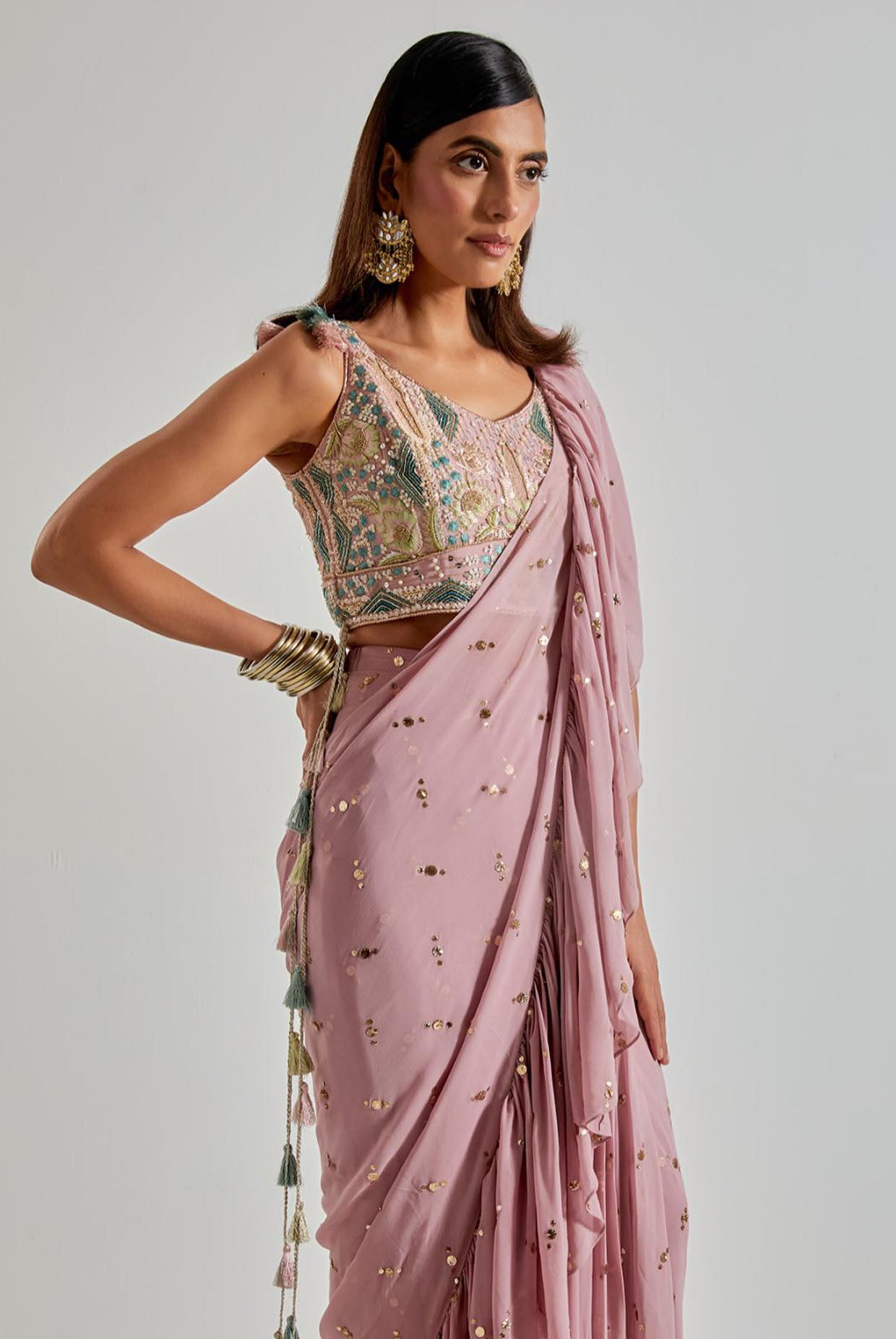 Onion Pink Choli with Mukaish Frill Saree