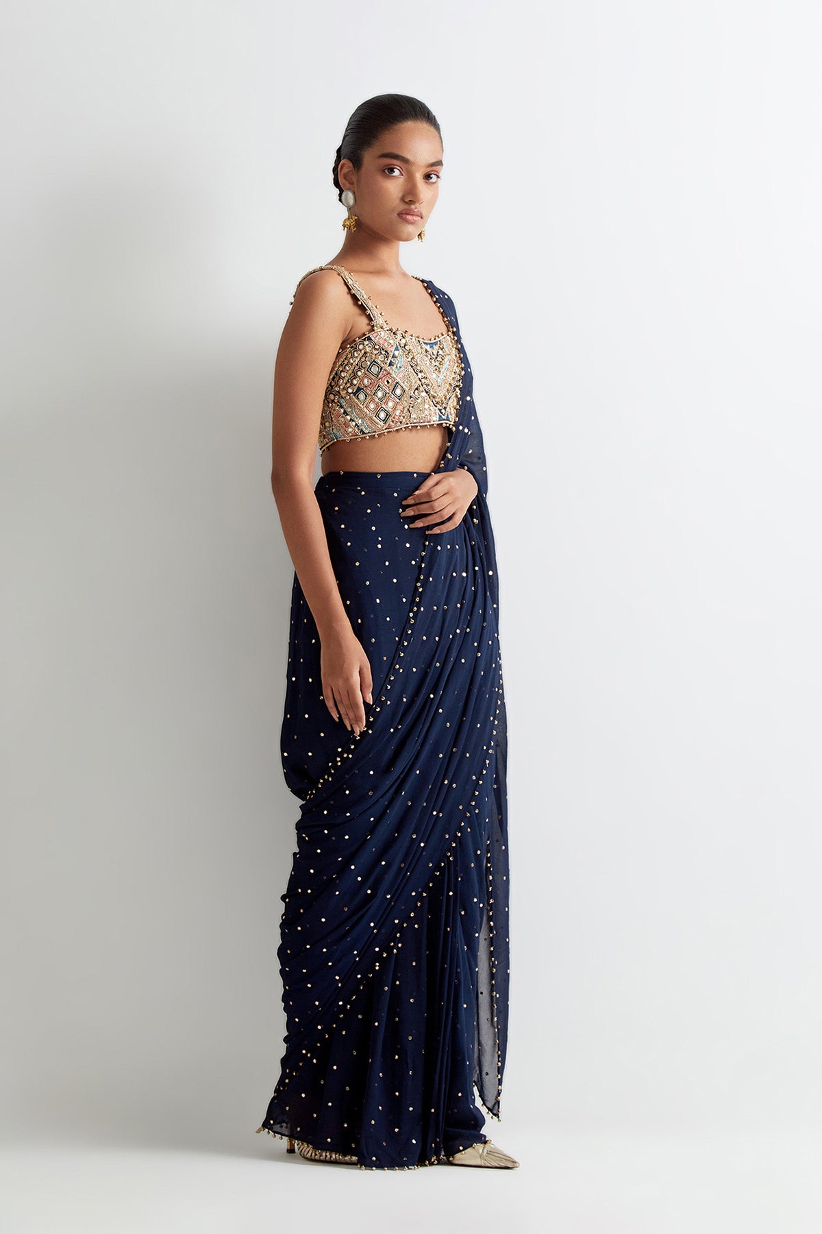 Navy Blue Georgette Embroidered Choli With Mukaish Georgette Pre- Stitched Saree