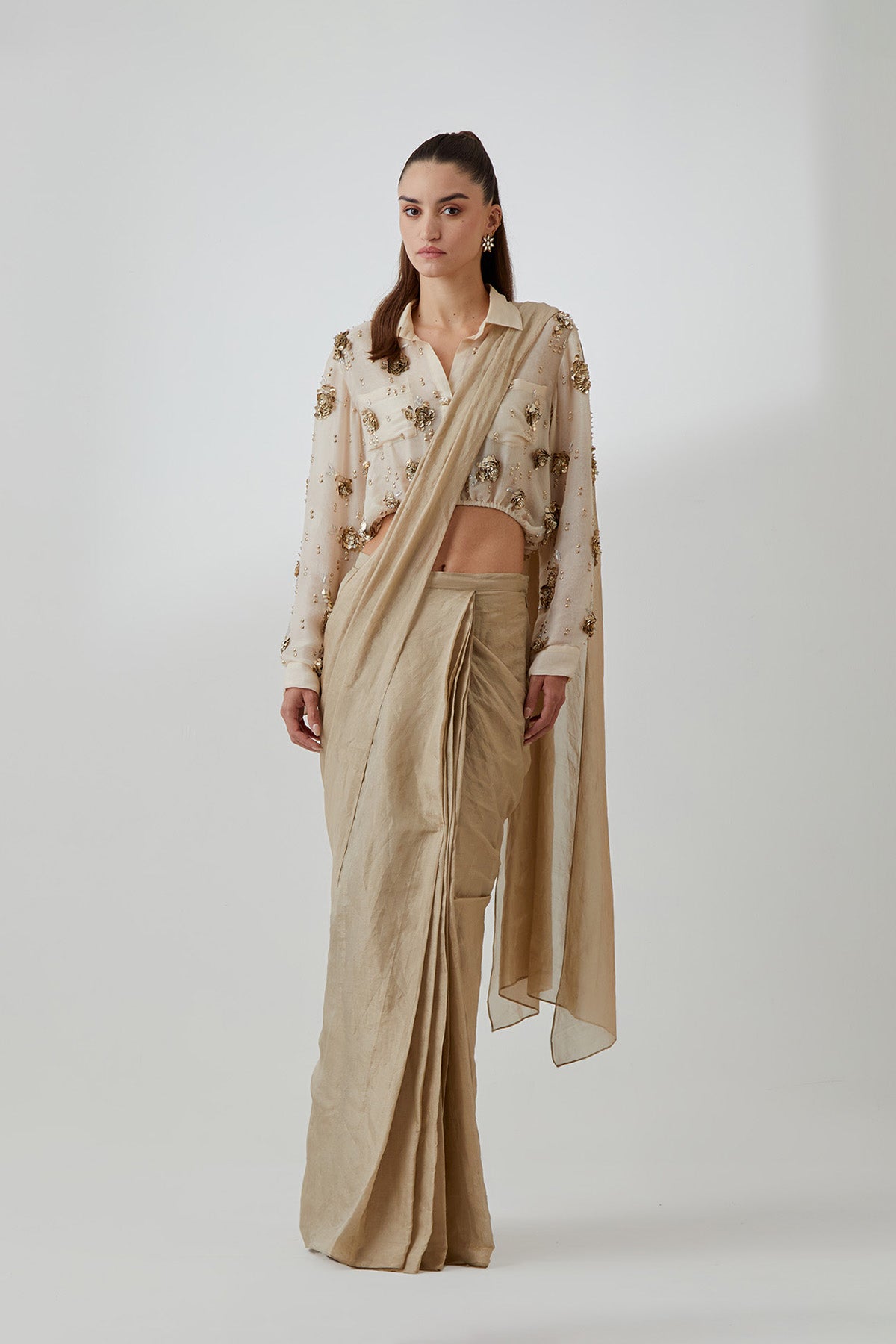 Stone Organza Studded Shirt With a Tissue Knotted Saree