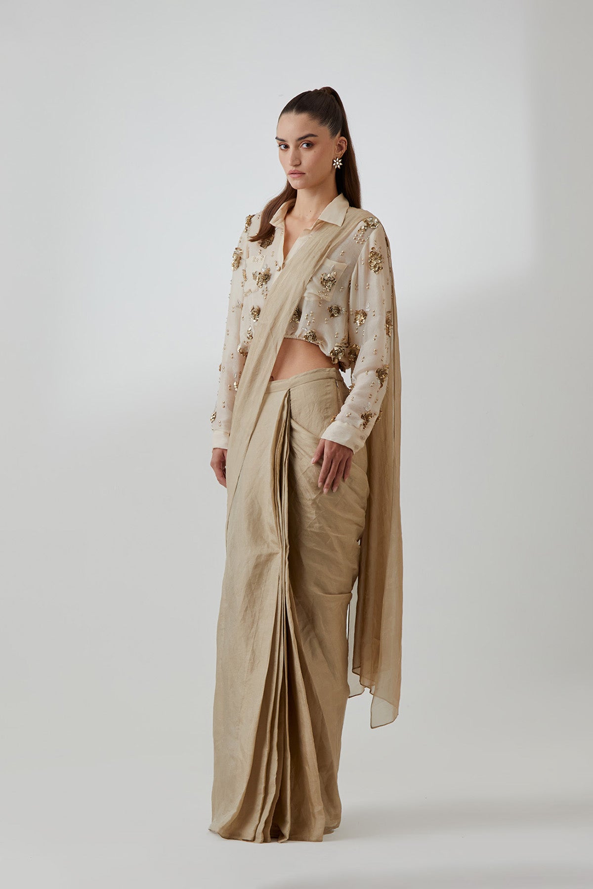 Stone Organza Studded Shirt With a Tissue Knotted Saree