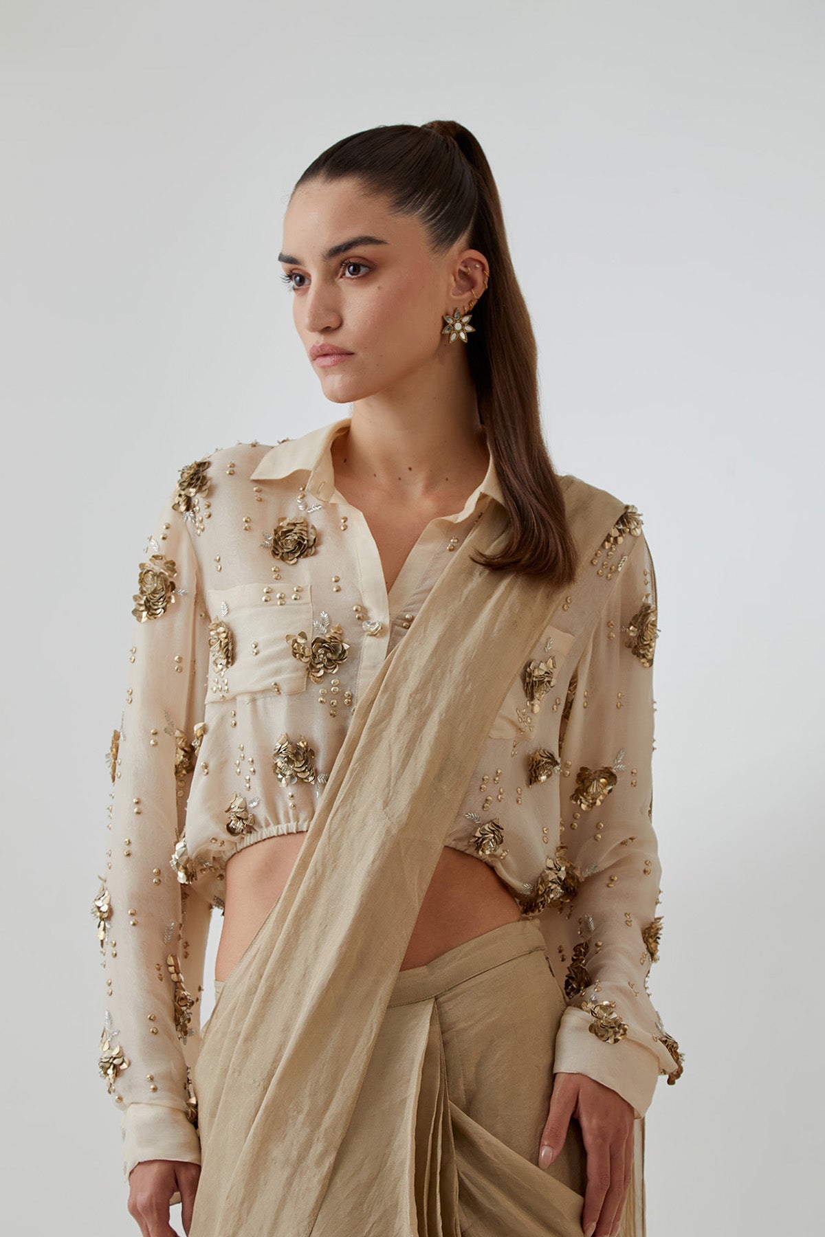 Stone Organza Studded Shirt With a Tissue Knotted Saree