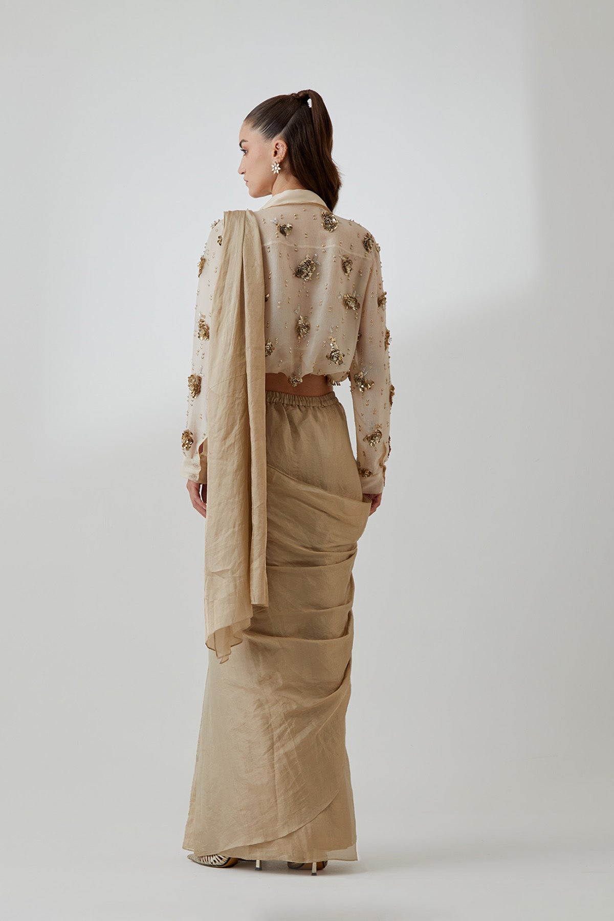 Stone Organza Studded Shirt With a Tissue Knotted Saree