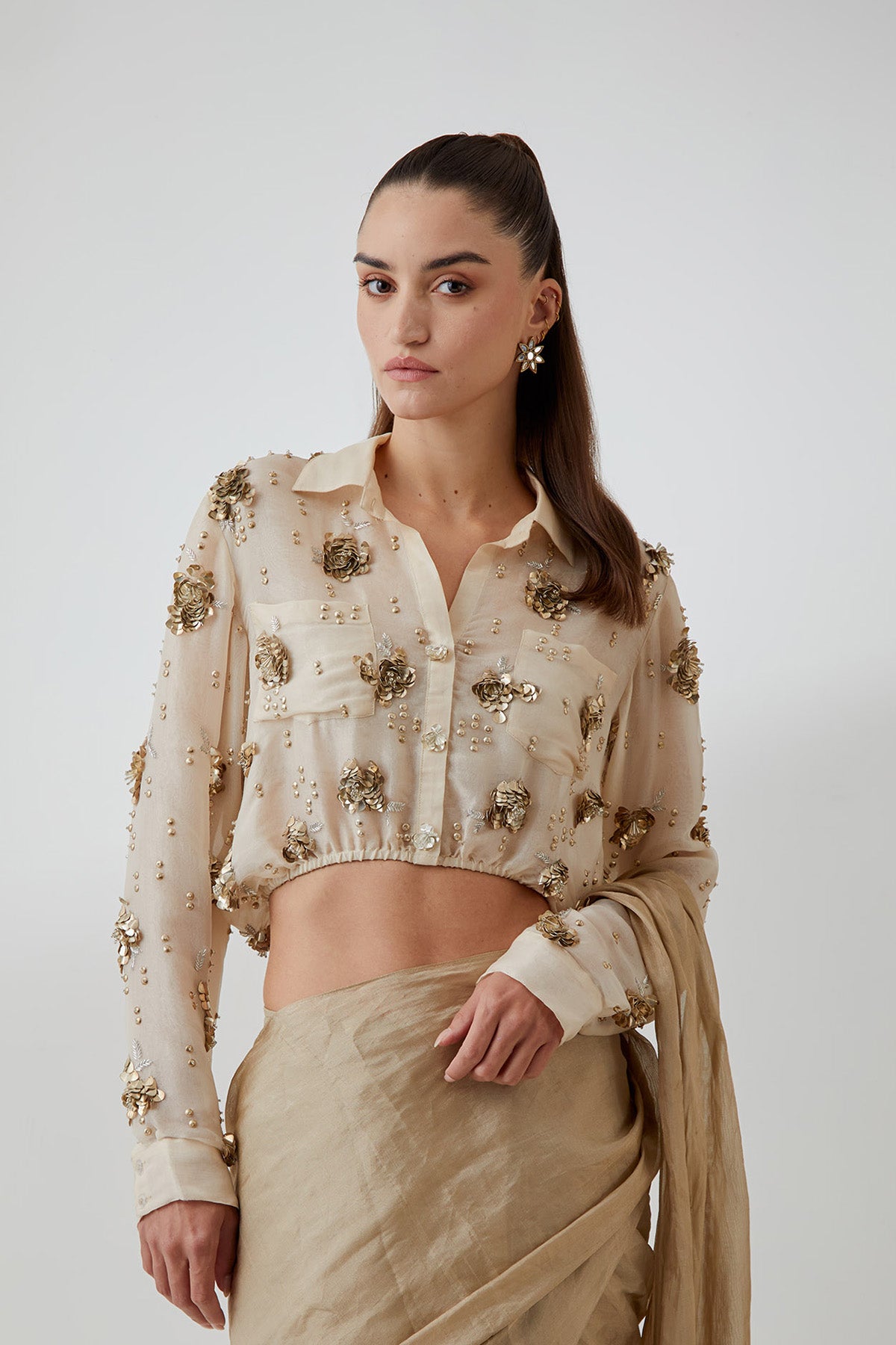 Stone Organza Studded Shirt With a Tissue Knotted Saree