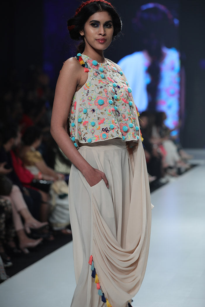 Mehru Stone Georgette Top with Crepe Low Crotch Pant and attached Georgette Drape
