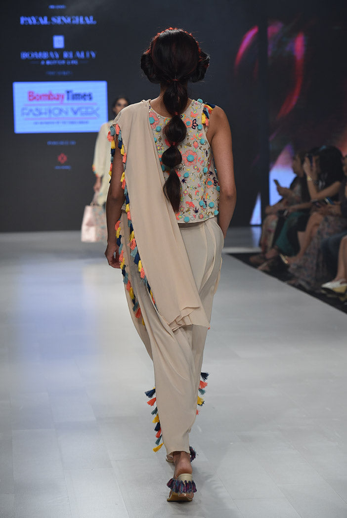 Mehru Stone Georgette Top with Crepe Low Crotch Pant and attached Georgette Drape