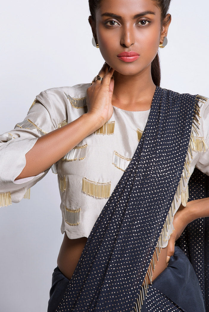 Grey Silk Choli with Navy Silk and Mukaish Georgette Saree