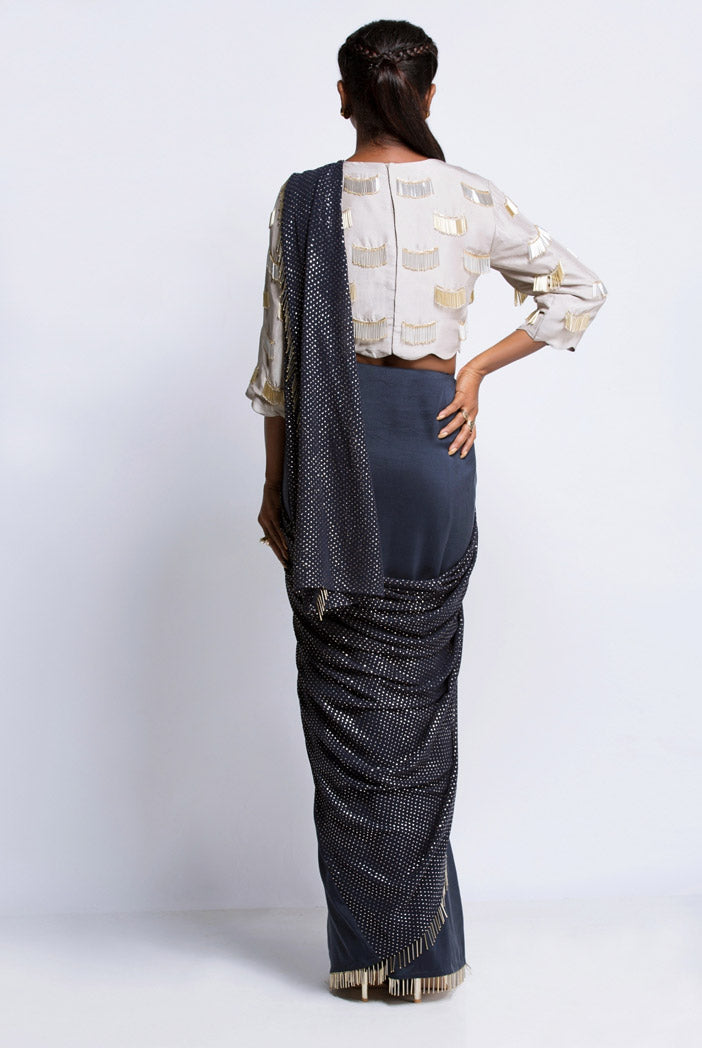Grey Silk Choli with Navy Silk and Mukaish Georgette Saree