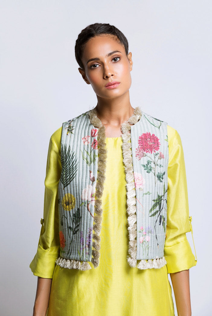 Lime Green Silkmul Kurat and Palazzo with Aqua Printed Dupion Silk Waist Coat