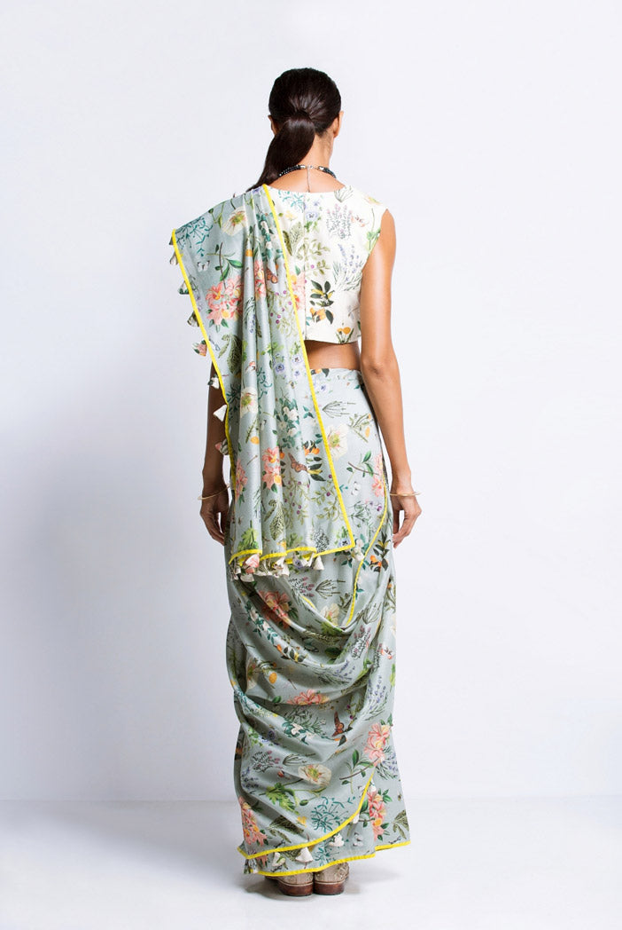 Ivory Printed Silkmul Choli with Aqua Printed Silkmul Saree