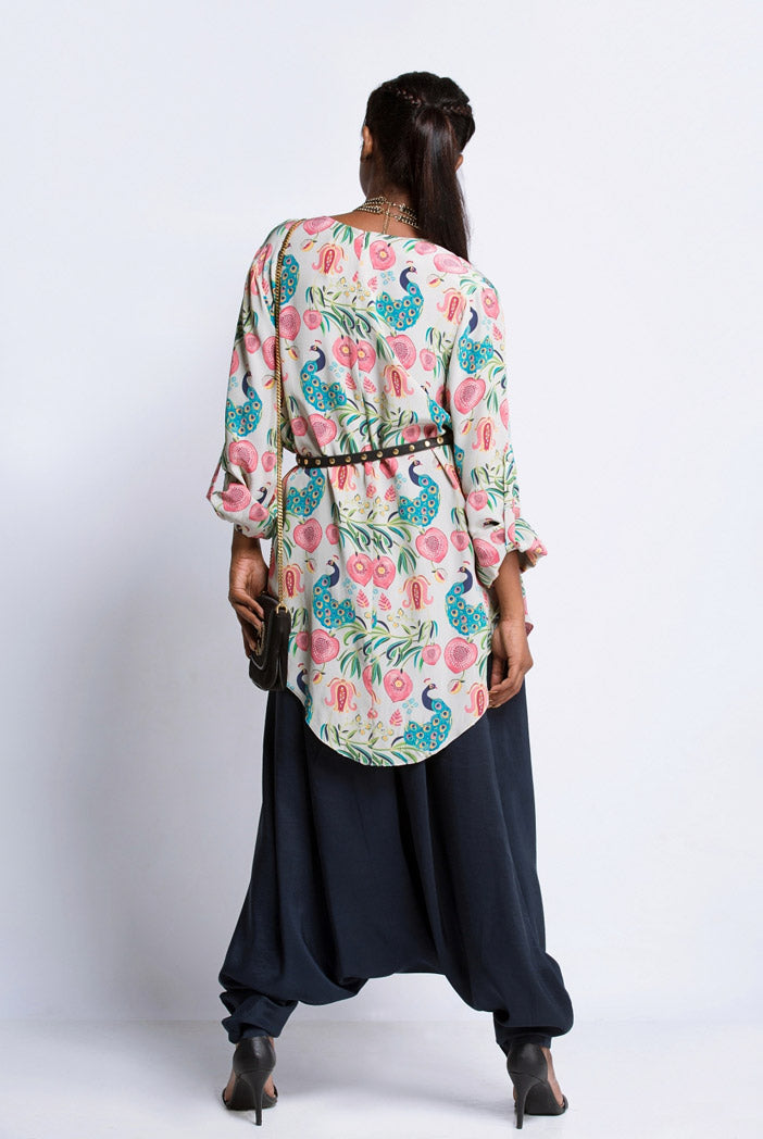 Khaki Printed Crepe Cowl Tunic with Navy Silk Low Crotch Pant