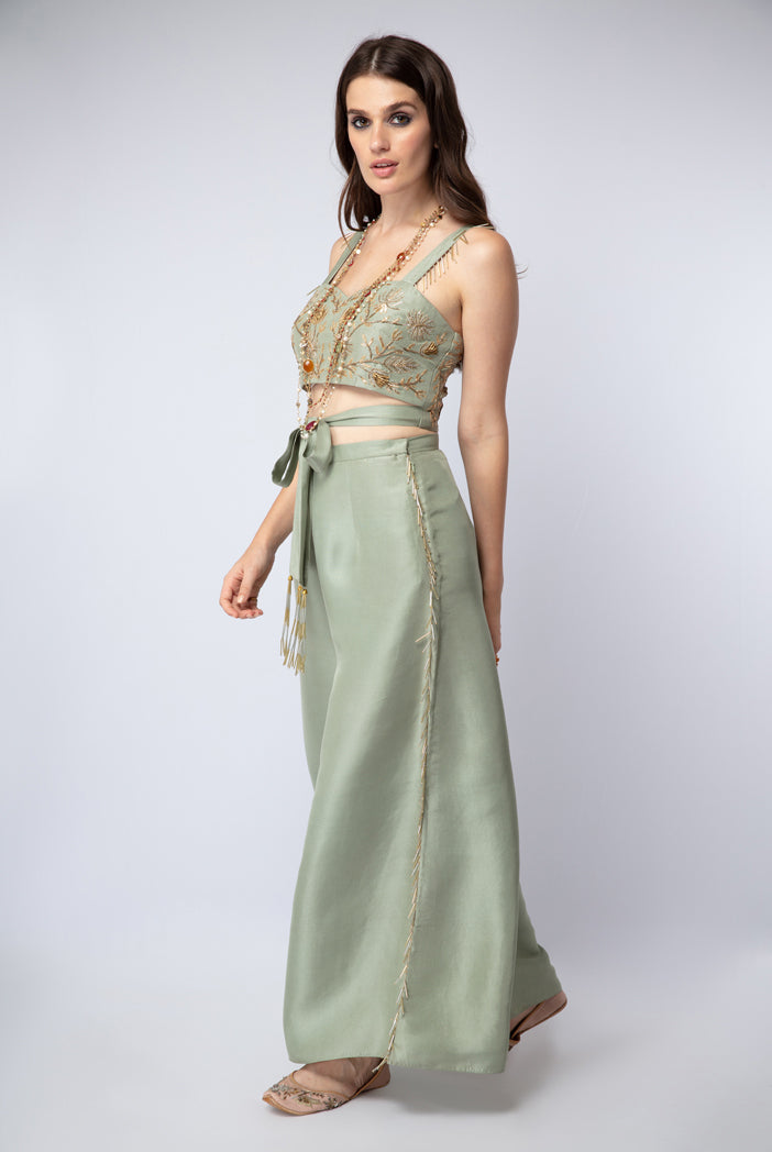 Mint Silk Tie-Up Choli and Palazzo Pants with Blush Net Dupatta