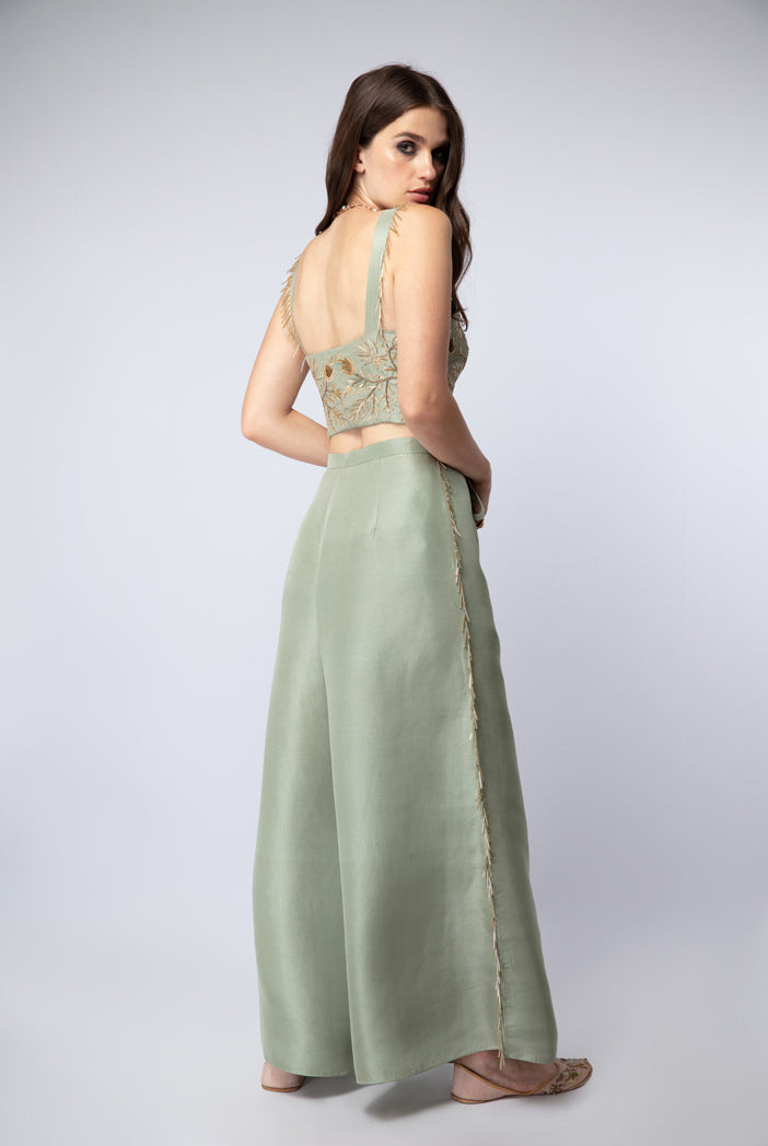 Mint Silk Tie-Up Choli and Palazzo Pants with Blush Net Dupatta