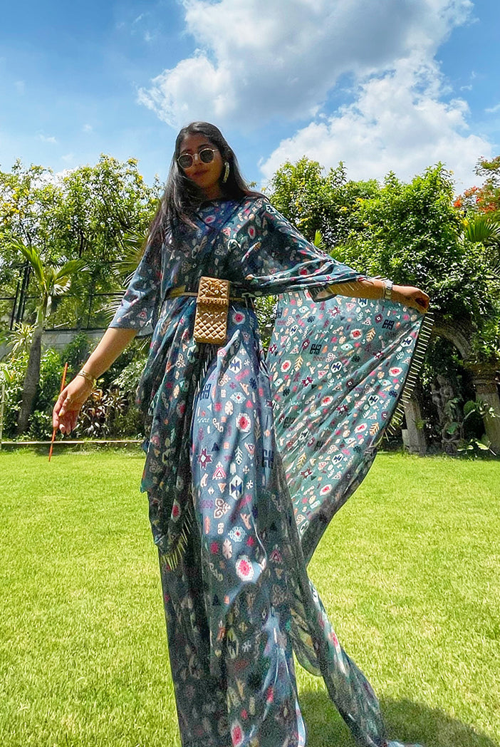 #PSGirl Chikky Goenka - Blue Printed Art Crepe Crop Top and Low Crotch Pant with Attached Printed Art Georgette Drape