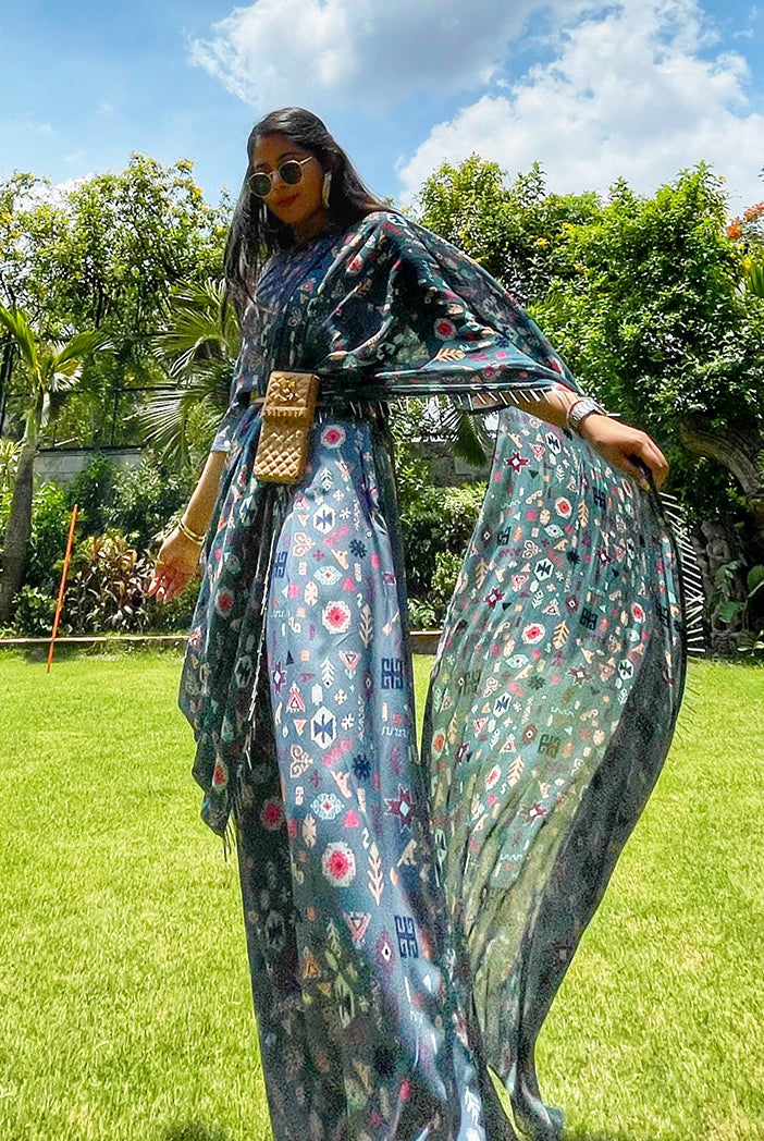 #PSGirl Chikky Goenka - Blue Printed Art Crepe Crop Top and Low Crotch Pant with Attached Printed Art Georgette Drape