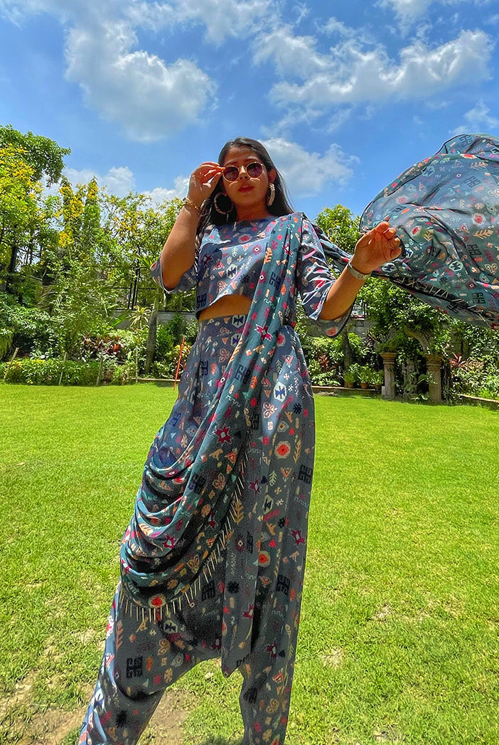 #PSGirl Chikky Goenka - Blue Printed Art Crepe Crop Top and Low Crotch Pant with Attached Printed Art Georgette Drape
