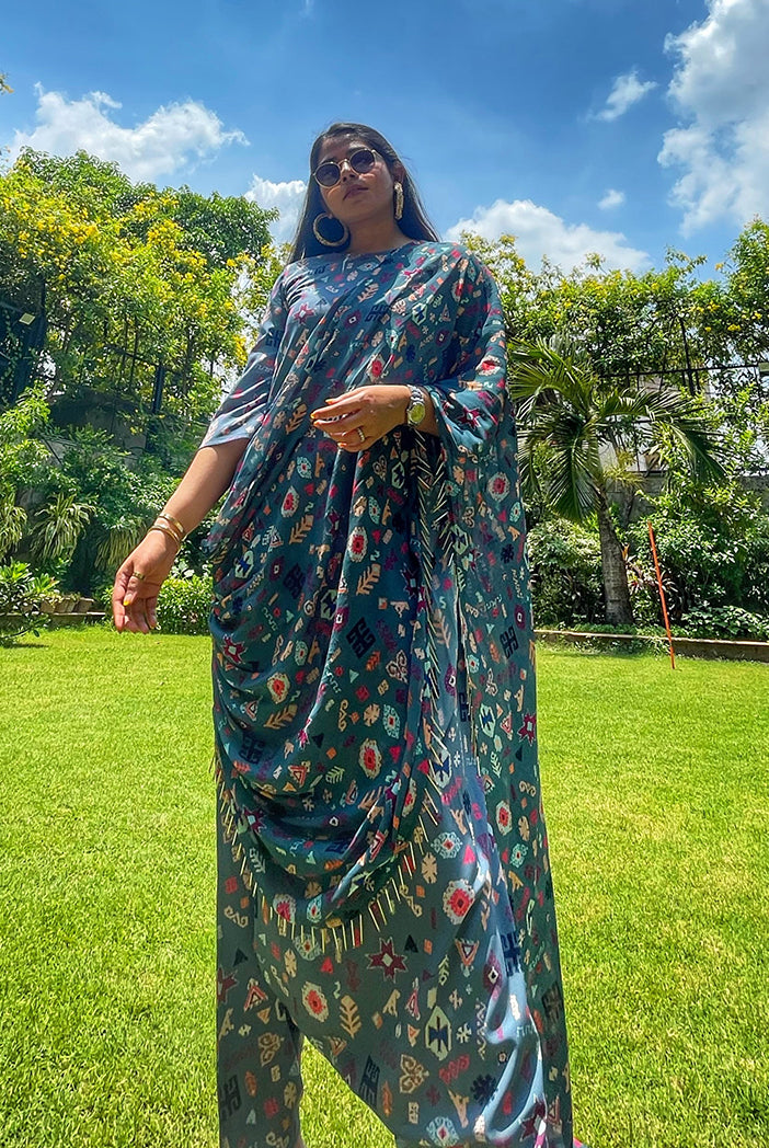 #PSGirl Chikky Goenka - Blue Printed Art Crepe Crop Top and Low Crotch Pant with Attached Printed Art Georgette Drape
