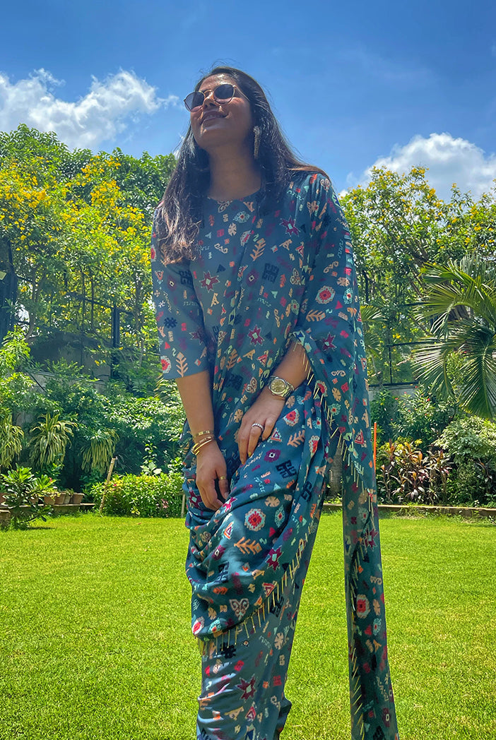 #PSGirl Chikky Goenka - Blue Printed Art Crepe Crop Top and Low Crotch Pant with Attached Printed Art Georgette Drape