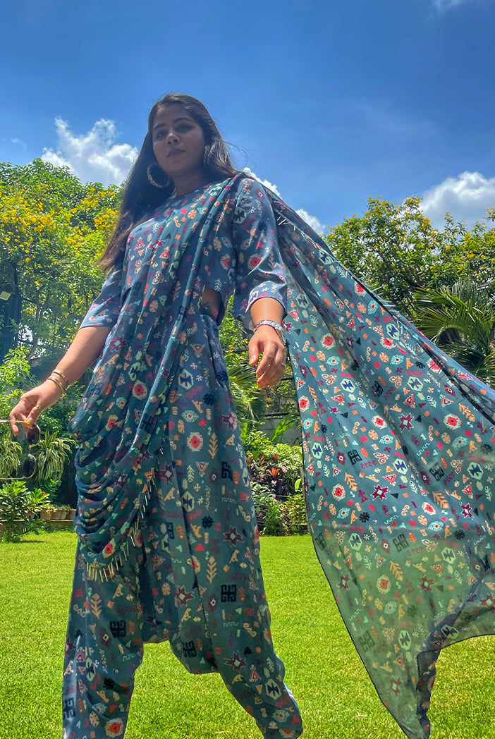 #PSGirl Chikky Goenka - Blue Printed Art Crepe Crop Top and Low Crotch Pant with Attached Printed Art Georgette Drape