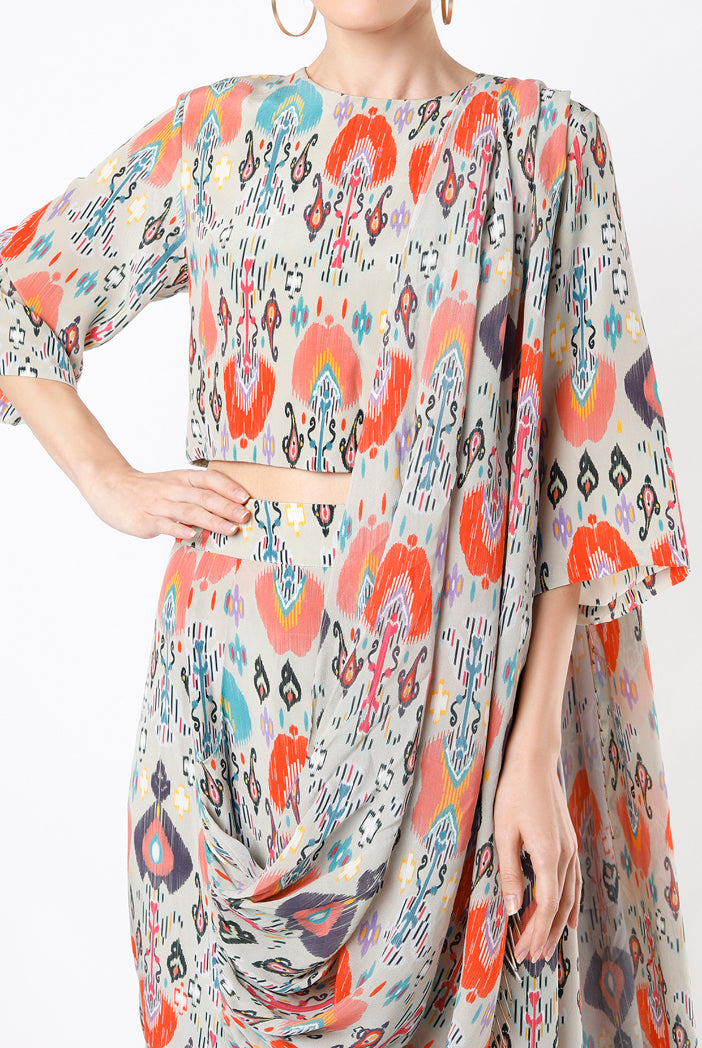 Stone Ikat Garden Print Crepe Crop Top With Low Crotch Pant And Attached Stone Ikat Love Georgette Drape With Tassels