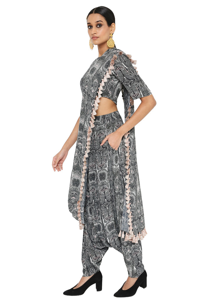 Gulnaz Printed Crepe Blouse And Low Crotch Pants With Attached Drape