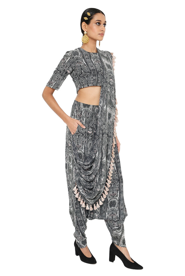 Gulnaz Printed Crepe Blouse And Low Crotch Pants With Attached Drape