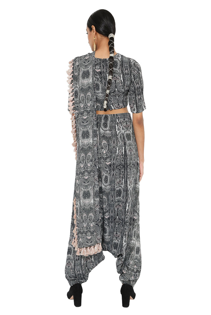 Gulnaz Printed Crepe Blouse And Low Crotch Pants With Attached Drape