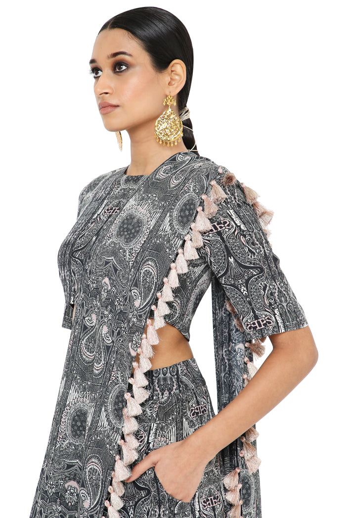 Gulnaz Printed Crepe Blouse And Low Crotch Pants With Attached Drape